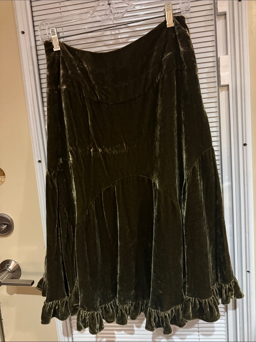 Odille Olive Green Velvet A-Line Skirt with Ruffle Hem - Picture 3 of 4